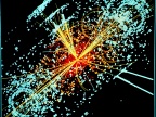 Przykładowa symulacja zderzenia dwóch protonów kreujących Bozon Higgsa rozpadający się następnie na dwa strumienie hadronów i dwa elektrony wygenerowana dla detektora CMS LHC. Ślady cząstek zarejestrowane przez detektor w wyniku kolizji zaznaczono kolorem niebieskim / Fot. Lucas Taylor, http://cdsweb.cern.ch/record/628469