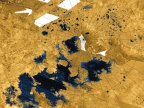Mapa północnego bieguna Tytana ukazująca zbiorniki ciekłych węglowodorów. Fot. NASA / JPL-Caltech