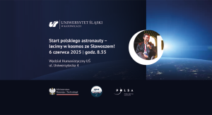 Projekt graficzny, granatowe tło, fragment Ziemi widoczny z kosmosu, w kształt Księżyca wpisane zdjęcie Sławosza Uznańskiego-Wiśniewskiego