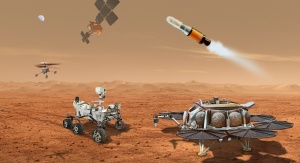 Ilustracja przedstawia koncepcję współpracy wielu robotów, które połączą siły, aby przetransportować na Ziemię próbki zebrane z powierzchni Marsa przez łazik Mars Perseverance NASA. Credit: NASA/JPL-Caltech