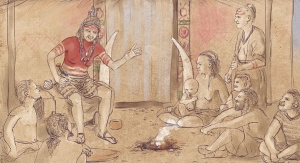 rycina przedstawia półnagą kobietę ubraną w liczne ozdoby i pokrytą czerwonym barwnikiem, siedzącą w grupie ludzi i mówiącą do nich