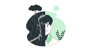 rysunek mężczyzny podzielny na dwie części - jedna ciemna, ze znakami deszczu i burzy, druga jasna ze znakami dobrej pogody