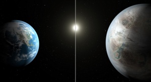 Artystyczna koncepcja porównania wielkości Ziemi do planety Kepler-452b. Fot. NASA/JPL-Caltech/T. Pyle