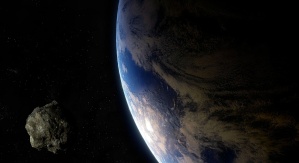 Skalista planetoida, w tle planeta Ziemia