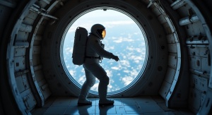 Astronauta w skafandrze kosmicznym na tle dużego okrągłego okna w stacji kosmicznej. Za oknem widać fragment Ziemi | fot. AI