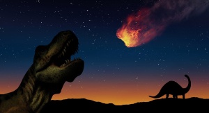 dinozaury, nocne niebo, nadlatująca planetoida