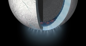 Ilustracja pokazuje globalny ocean Enceladusa pod lodowym płaszczem oraz piuropusze gejzerów na biegunie południowym | Image Credit: NASA/JPL-Caltech