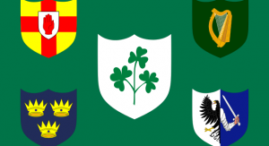 Flaga Irish Rugby Football Union. W lewym górnym roku herb prowincji Ulster, w prawym górnym – Leinster, w lewym dolnym – Munster, w prawym dolnym – Connacht. Fot. wikipedia.org