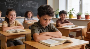 Klasa w szkole, w ławkach siedzą dzieci, przed nimi na ławkach leżą otwarte książki. Wszystkie dzieci się uśmiechają, ale jeden chłopiec ma ponurą minę | fot. Freepik AI 