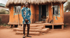 Afrykański mężczyzna przed swoim funcy domem | fot. Zdjęcie użyte do ilustracji tego artykułu zostało wygenerowane na potrzeby portalu "Przystanek Nauka" przez sztuczną inteligencję w serwisie Canva  