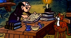 Gargamel w swoim laboratorium. Kadr z serialu aniomowanego "Smufry"