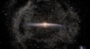 Wizualizacja "pomarszczonego" halo gwiazd wokół Drogi Mlecznej | Image credit: Halo stars: ESA/Gaia/DPAC, T Donlon et al. 2024; Background Milky Way and Magellanic Clouds: Stefan Payne-Wardenaar