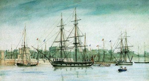 HMS Beagle w 1841 r., autor:Owen Stanley, Domena publiczna, https://commons.wikimedia.org/w/index.php?curid=393600