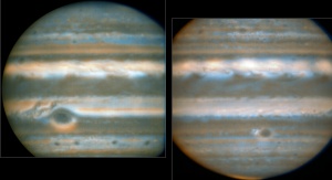 Podczerwone obrazy Jowisza z dodanymi kolorami uzyskane przez European Southern Observatory’s Very Large Telescope w 2016 roku. Kolory odpowiadają temperaturom i zachmurzeniu: ciemniejsze obszary są zimne i zachmurzone, a jaśniejsze są cieplejsze i bez chmur | Image credit: ESO / L.N. Fletcher