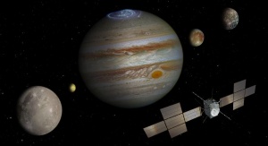 Artystyczna wizja misji Jupiter Icy Moons Explorer JUICE | image credit: spacecraft: ESA/ATG medialab; Jupiter: NASA/ESA/J. Nichols (University of Leicester); Ganymede: NASA/JPL; Io: NASA/JPL/University of Arizona; Callisto and Europa: NASA/JPL/DLR