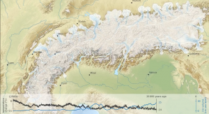Zrzut ekranu filmu przedstawiającego zmiany lądolodu alpejskiego na przestrzeni 120 tysięcy lat - under Creative Commons license