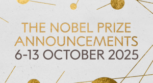 Złote litery na beżowym tle: NOBEL PRIZE ANNOUNCEMENTS 6–13 OCTOBER 2025