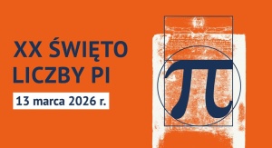 Grafika ilustrująca Święto Liczby Pi: na pomarańczowym tle granatowe napisy
