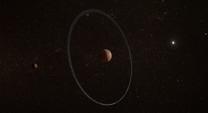 Artystyczna wizja Quaoar z jego pierścieniem i księżycem Weywotem | Image credit: By ESA, CC BY-SA IGO 3.0, CC BY-SA 3.0 igo, https://commons.wikimedia.org/w/index.php?curid=128528577