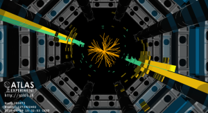 Kolizja 13 TeV rejestrowana przez detektor ATLAS. Żółte i zielone paski wskazują na obecność strumieni cząstek, które pozostawiają wiele energii w kalorymetrach. Fot. ATLAS/CERN