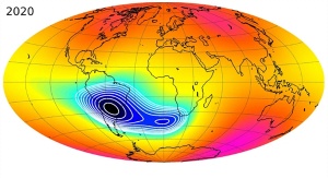 Anomalia Południowego Atlantyku (SAA) | Image credit: Christopher C. Finlay, Clemens Kloss, Nils Olsen, Magnus D. Hammer, Lars Tøffner-Clausen, Alexander Grayver & Alexey Kuvshinov, CC BY-SA 4.0 <https://creativecommons.org/licenses/by-sa/4.0>, via Wikimedia Commons