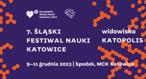 Grafika promująca Śląski Festiwal Nauki KATOWICE, pomarańczowe sześciokąty na fioletowym tle