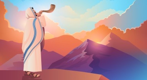 Ilustracja przedstawiająca żydowskiego mężczyzn w tradycyjnym stroju dmiącego w róg shofar na tle gór | fot. rudall30 - Freepik.com