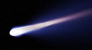 graficzne przedstawienie komety lecącej z gwieździstym niebem w tle