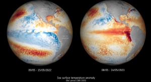 Grafika porównująca temperatury wód powierzchniowych oceanów między majem 2022 a majem 2023 roku |  Image credit: ESA (Data source: NOAA)