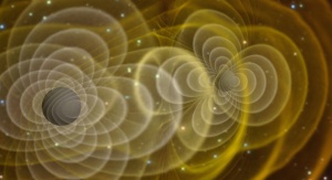 Symulacja łączenia się czarnych dziur – jedno ze zjawisk, które wytwarza najsilniejsze fale grawitacyjne. Fot. by Henze, NASA [Public domain], via Wikimedia Commons