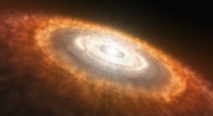 Młoda gwiazda otoczona dyskiem protoplanetarnym, w którym formują się planety - impresja artystyczna
