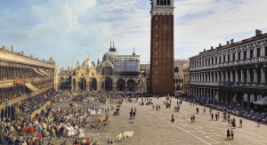 Plac Św. Marka w Wenecji - obraz Canaletto „Walka byków”, obraz Cimarolli, zdjęcie współczesne