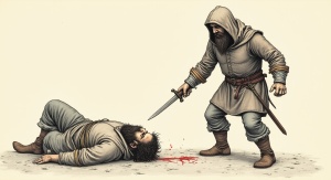 Ilustracja w stylu ryciny ze starej księgi. Przedstawia brodatego mężczyznę w stroju typowym dla średniowiecza, na głowie ma kaptur, w dłoni trzyma sztylet i mierzy nim do innego brodatego mężczyzny leżącego na ziemi i krwawiącego | fot. AI