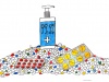 Odręczny rysunek przedstawia butlę z dozownikiem zawierającą płyn do dezynfekcji stojąca na stosie różnych tabletek