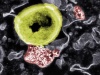 Obraz wewnątrz komórki wykonany przy użyciu mikroskopu elektronowego - oznaczone na czerwono nanocząstki w interakcji z oznaczoną na żółto bakterią. Źródło: Empa