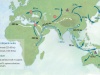 Mapa potencjalnych kierunków i ścieżek rozprzestrzeniania się Homo sapiens w późnym plejstocenie. Bae et al. 2017. On the origin of modern humans: Asian perspectives. Science. Image by: Katerina Douka and Michelle O’Reilly