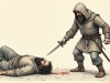 Fot. AI Ilustracja w stylu ryciny ze starej księgi. Przedstawia brodatego mężczyznę w stroju typowym dla średniowiecza, na głowie ma kaptur, w dłoni trzyma sztylet i mierzy nim do innego brodatego mężczyzny leżącego na ziemi i krwawiącego | fot. AI
