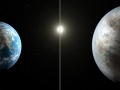 Artystyczna koncepcja porównania wielkości Ziemi do planety Kepler-452b. Fot. NASA/JPL-Caltech/T. Pyle