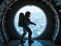 Astronauta w skafandrze kosmicznym na tle dużego okrągłego okna w stacji kosmicznej. Za oknem widać fragment Ziemi | fot. AI
