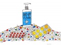 Odręczny rysunek przedstawia butlę z dozownikiem zawierającą płyn do dezynfekcji stojąca na stosie różnych tabletek