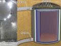 Wnętrze jaskini wydrążonej dla eksperymentu Hyper-Kamiokande (po lewej) oraz schemat eksperymentu (po prawej) | fot. Kamioka Observatory, ICRR (Institute for Cosmic Ray Research), The University of Tokyo