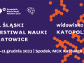 Grafika promująca Śląski Festiwal Nauki KATOWICE, pomarańczowe sześciokąty na fioletowym tle