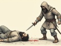 Ilustracja w stylu ryciny ze starej księgi. Przedstawia brodatego mężczyznę w stroju typowym dla średniowiecza, na głowie ma kaptur, w dłoni trzyma sztylet i mierzy nim do innego brodatego mężczyzny leżącego na ziemi i krwawiącego | fot. AI
