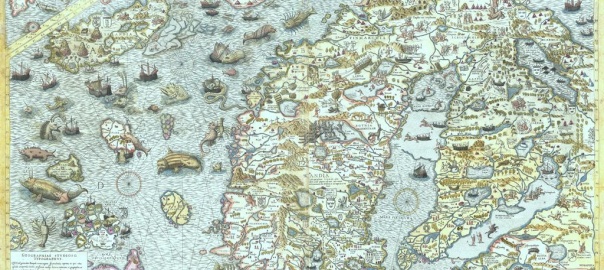 "Carta Marina" (właśc. Carta marina et descriptio septentrionalium terrarum) – druga edycja pierwszej mapy ukazującej w miarę prawidłowy kształt Półwyspu Skandynawskiego i wybrzeża Morza Bałtyckiego | fot. domena publiczna
