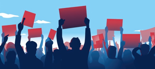 Ilustracja pokazująca tłum ludzi stojących tyłem do oglądającego z podniesionymi rękoma i trzymającymi czerwone tablice | fot. dashtik - Freepik.com