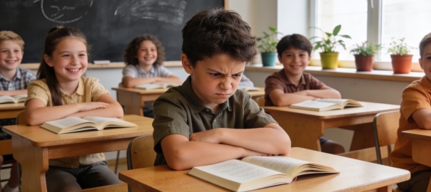 Klasa w szkole, w ławkach siedzą dzieci, przed nimi na ławkach leżą otwarte książki. Wszystkie dzieci się uśmiechają, ale jeden chłopiec ma ponurą minę | fot. Freepik AI 
