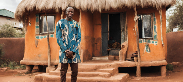 Afrykański mężczyzna przed swoim funcy domem | fot. Zdjęcie użyte do ilustracji tego artykułu zostało wygenerowane na potrzeby portalu "Przystanek Nauka" przez sztuczną inteligencję w serwisie Canva  