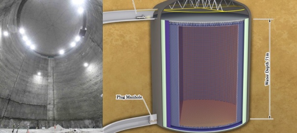 Wnętrze jaskini wydrążonej dla eksperymentu Hyper-Kamiokande (po lewej) oraz schemat eksperymentu (po prawej) | fot. Kamioka Observatory, ICRR (Institute for Cosmic Ray Research), The University of Tokyo