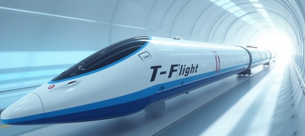 Artystyczna wizja pociągu T-Flight Hyperloop: futurtystyczny pociąg o opływowym kształcie, biały z niebieskim pasem i napisem "T-Flight" w tunelu | fot. wygenerowano przez AI  