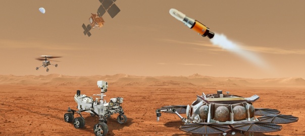 Ilustracja pokazująca zestaw statków kosmicznych, które byłyby nieodzowne w dostarczeniu próbek z Marsa | Image credit: NASA/ESA/JPL-Caltech